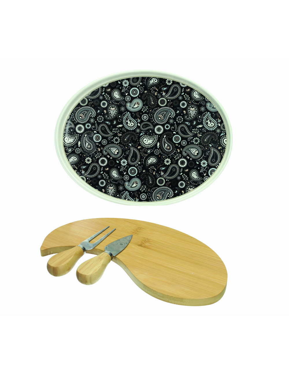 TAGLIERE SHANTI NERO PORCELLANA/BAMBOO CON DUE COLTELLI FOR | Brandani