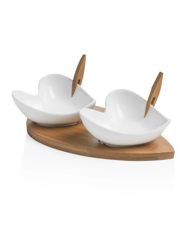 2 HEARTS WHITE PROCELAIN HORS D'OEUVRE DISHES WITH BAMBOO S | Brandani