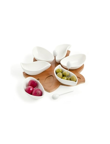 SUNLIGHT WHITE PORCELAIN HORSD' OEUVRE DISH WITH BAMBOO | Brandani