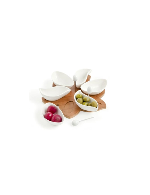 SUNLIGHT WHITE PORCELAIN HORSD' OEUVRE DISH WITH BAMBOO | Brandani