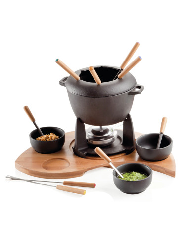 HALFMOON FONDUE SET 17PCS WSTAND CAST IRONBAMBOO | Brandani