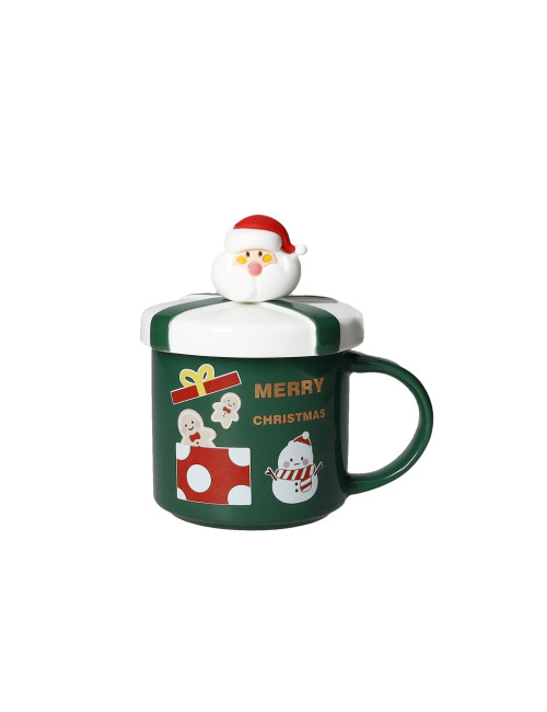 MUG C/TAPPO VERDE NEW BONE CHINA C/CUCCHIAINO BABBO NATALE  | Brandani