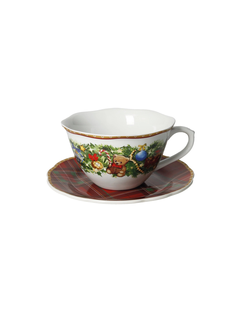 PORCELAIN CHRISTMAS TARTAN BREAKFAST CUP W/SAUCER | Brandani