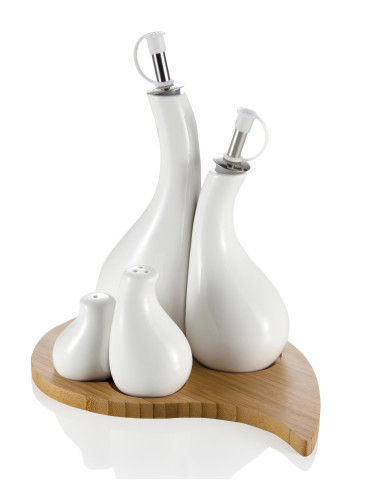 4 PIECE PORCELAIN CRUET SET WITH BAMBOO STAND | Brandani