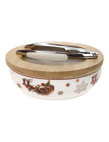 PORCELAIN CHRISTMAS NUT DISH W/BAMBOO SUPPORT & CPL NUTCRAC | Brandani