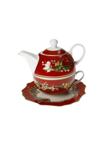 NEW BONE CHINA RED CAROL TEAPOT W/CUP&SAUCER | Brandani