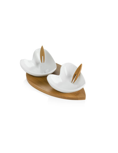 2 HEARTS WHITE PROCELAIN HORS D'OEUVRE DISHES WITH BAMBOO S | Brandani