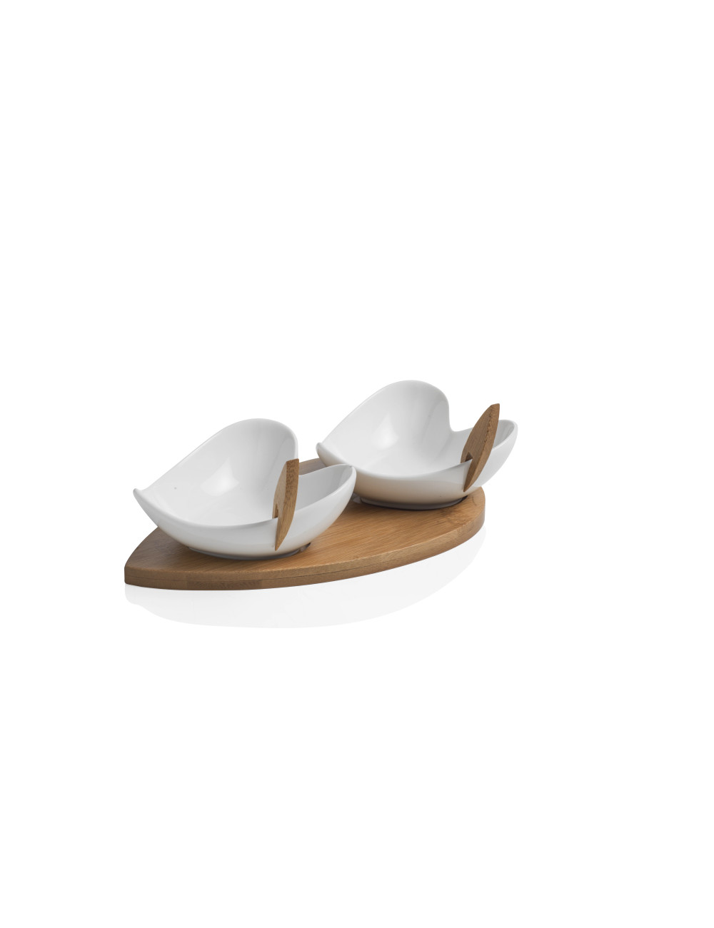 2 HEARTS WHITE PROCELAIN HORS D'OEUVRE DISHES WITH BAMBOO S | Brandani