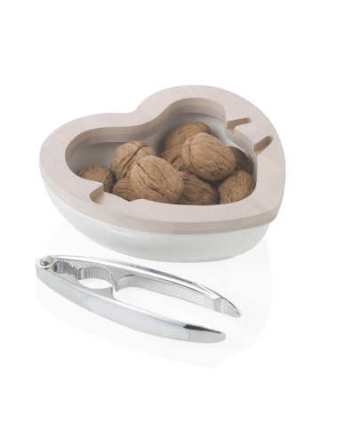 HEART PORCELAIN NUT BOWL WHITE NATURALBAMBOO WNUTCRACKER | Brandani