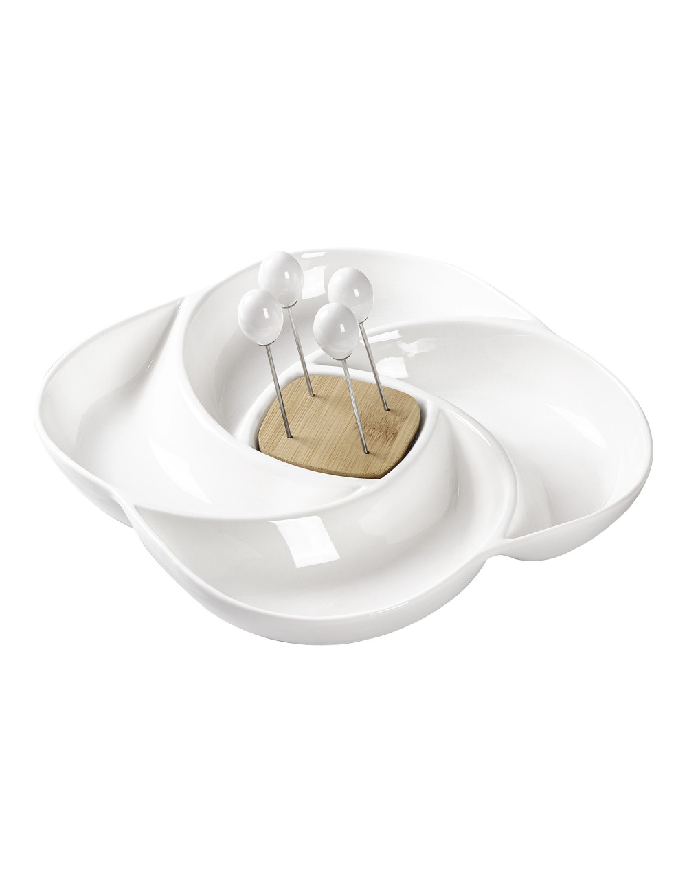 GIRELLA PORCELAIN/BAMBOO STARTER DISH W/4 SS FORKS | Brandani