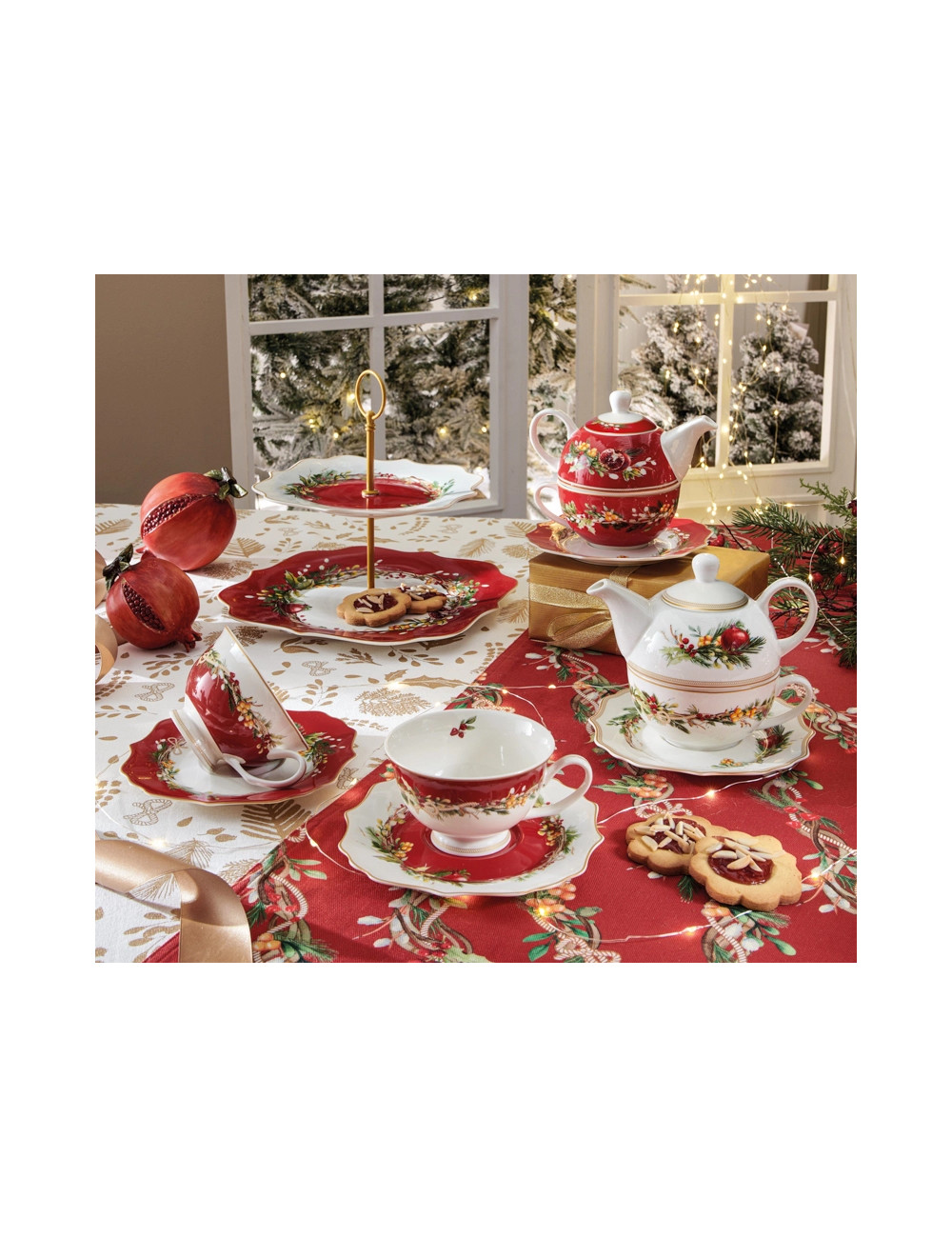 NEW BONE CHINA RED CAROL TEAPOT W/CUP&SAUCER | Brandani