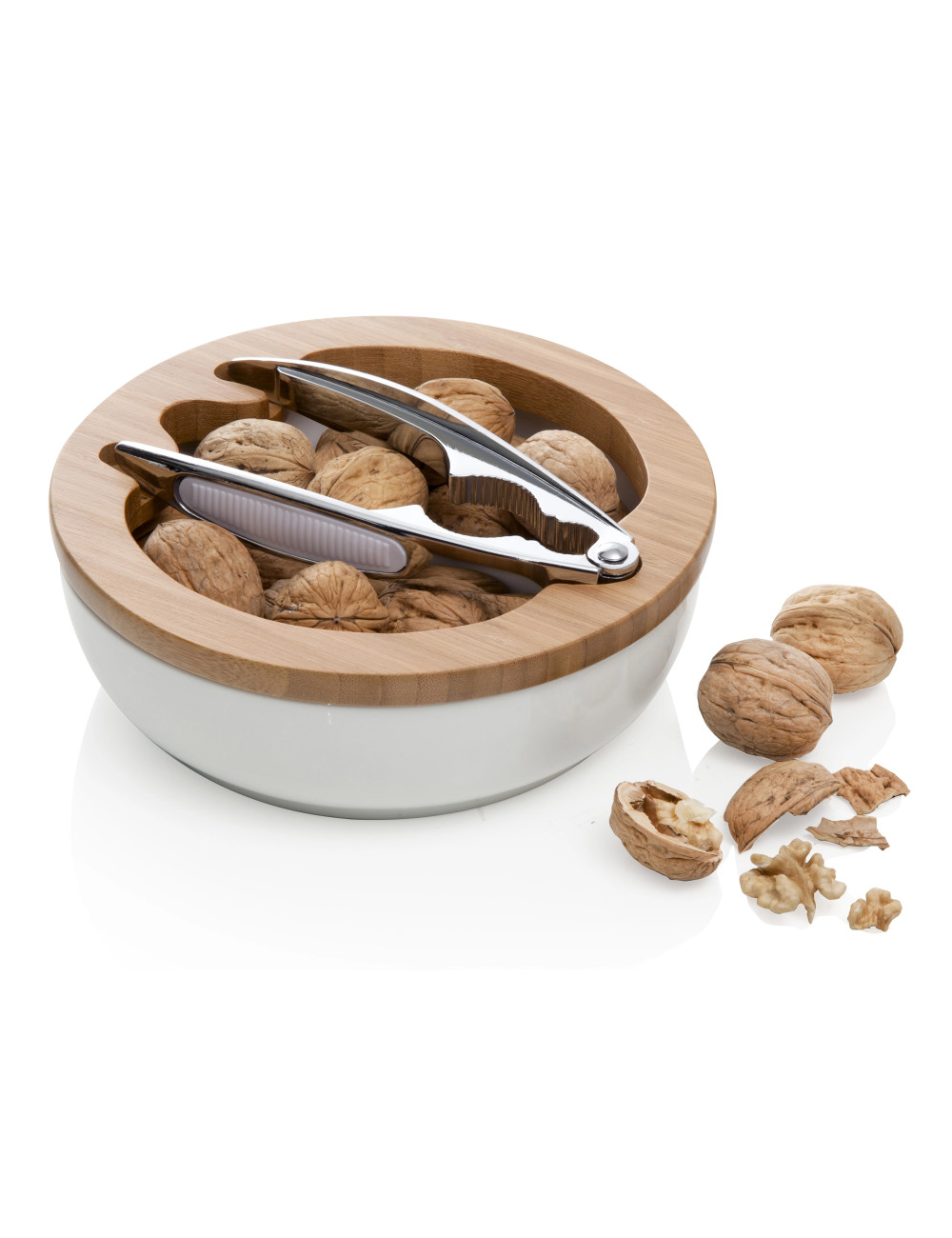 PORCELAIN NUT BOWL WITH BAMBOO STAND WITH NUTCRACKER | Brandani