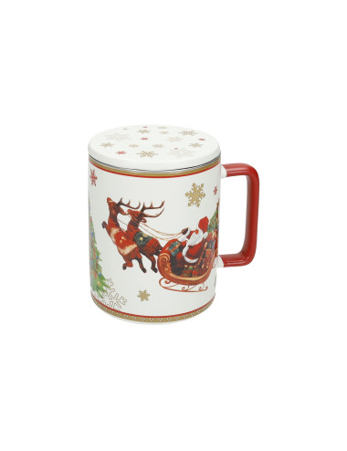 NEW BONE CHINA/SS WHITE CHRISTMAS MUG W/LID & FILTER | Brandani