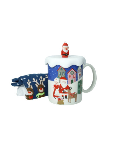 MUG NEW BONE CHINA C/TAPPO BABBO NATALE SILICONE E CALZINI  | Brandani