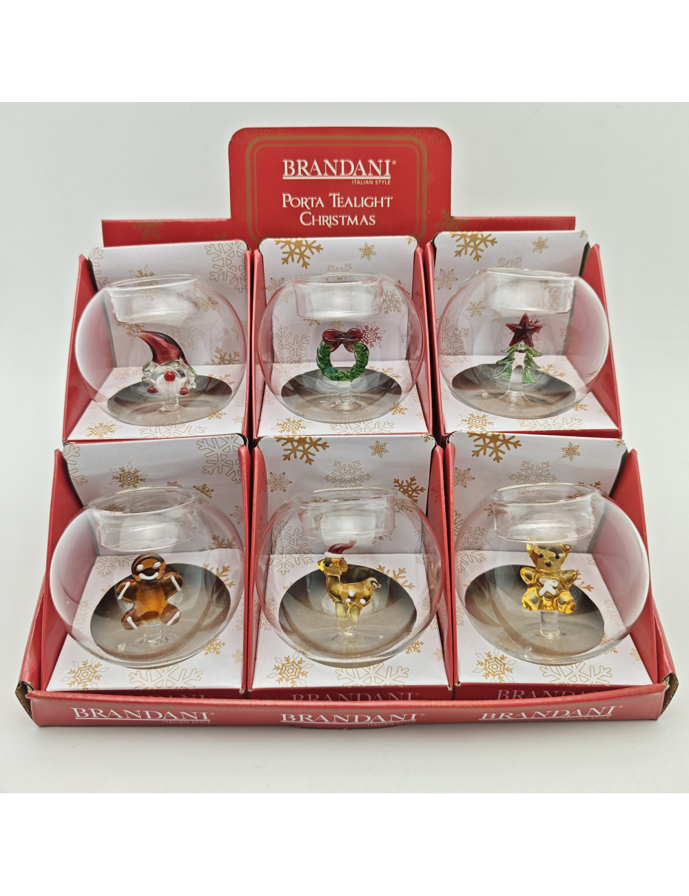 DECORATION C/PORTA TEALIGHT SOGGETTI ASSORTITI VETRO DISP 6 | Brandani
