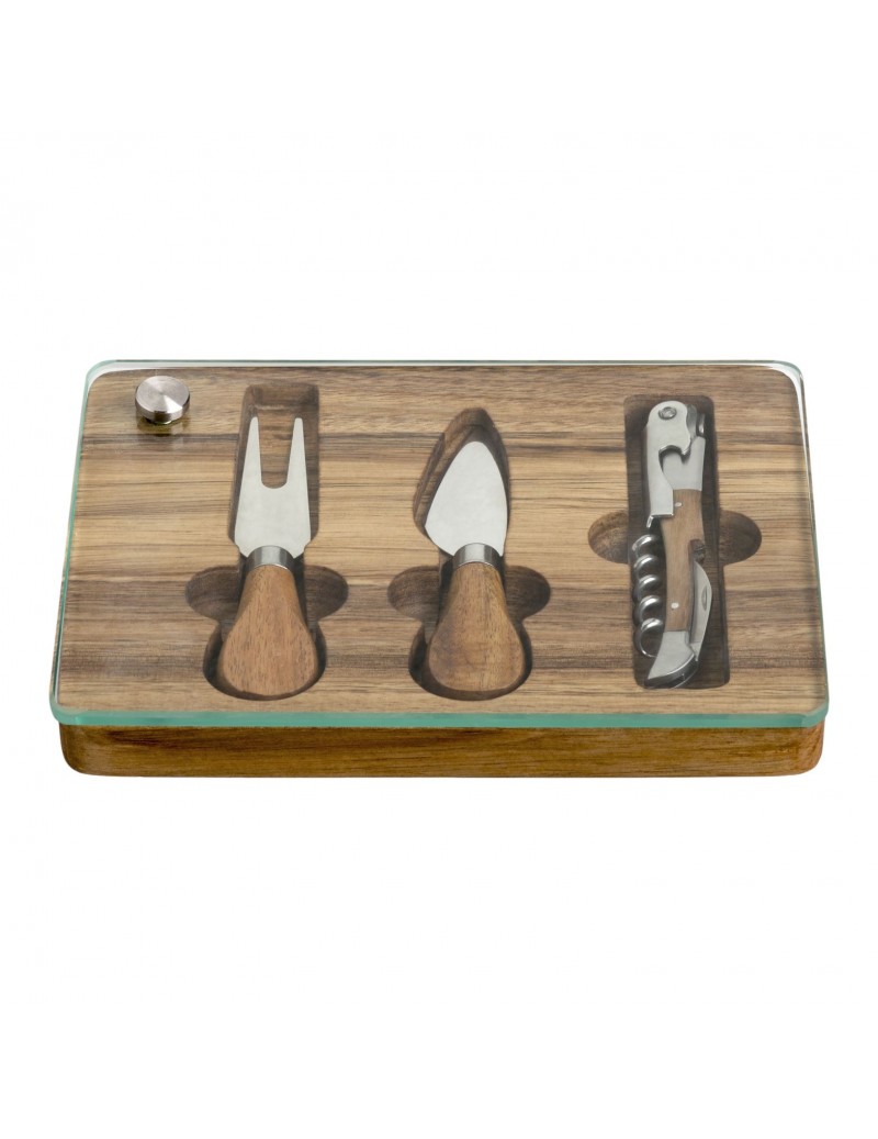 ACACIA SET WGLASS BOARD, 2 CHEESE KNIVES AND SSTEEL CORKSC