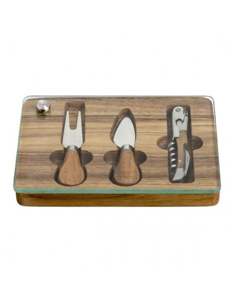 ACACIA SET WGLASS BOARD, 2 CHEESE KNIVES AND SSTEEL CORKSC  - foto 2