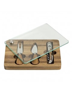 ACACIA SET WGLASS BOARD, 2 CHEESE KNIVES AND SSTEEL CORKSC - foto 3