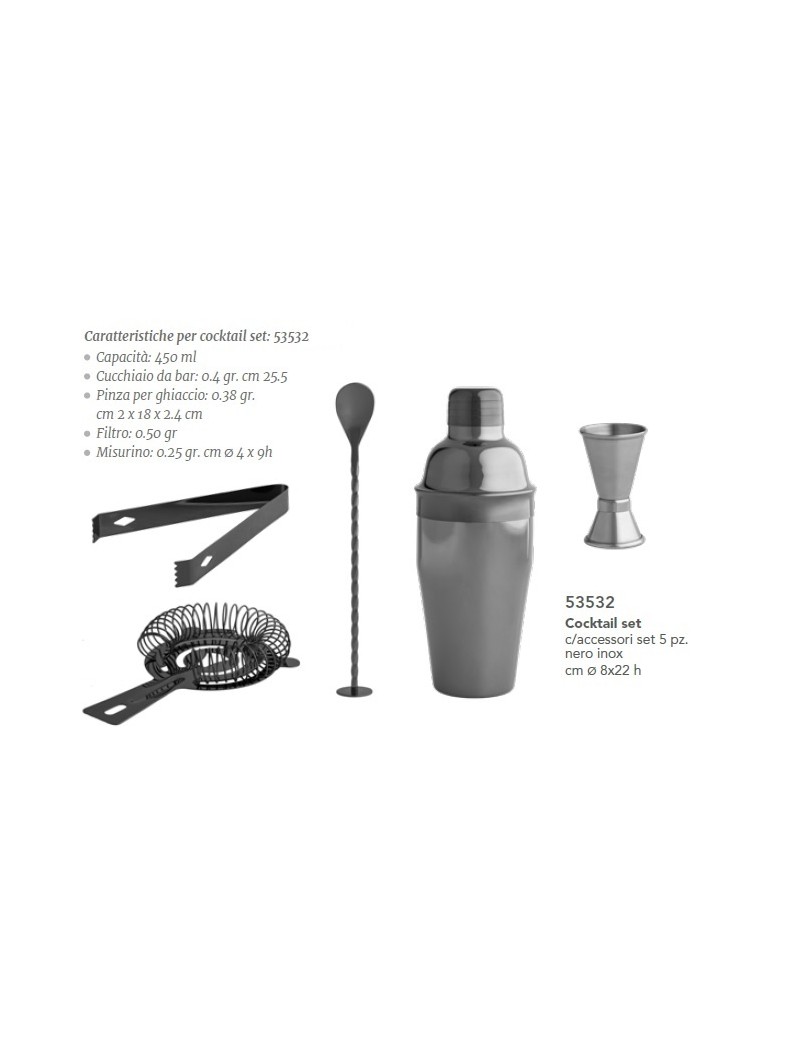 BLACK STAINLESS STEEL COCKTAIL SET WACCESSORIES 5 PC SET