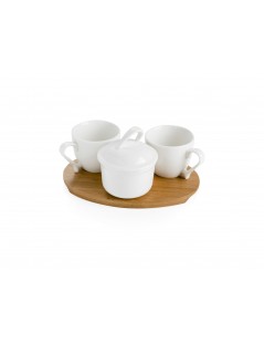 3 PC WHITE PORCELAIN COFFEE SET WITH BAMBOO TRAY