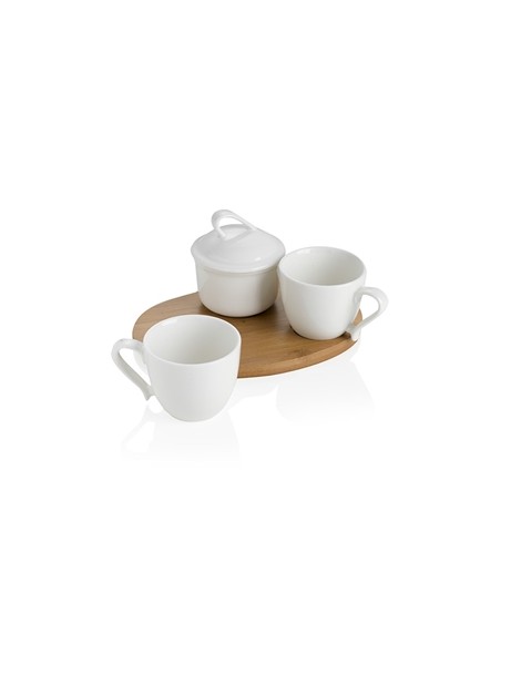 3 PC WHITE PORCELAIN COFFEE SET WITH BAMBOO TRAY - foto 2
