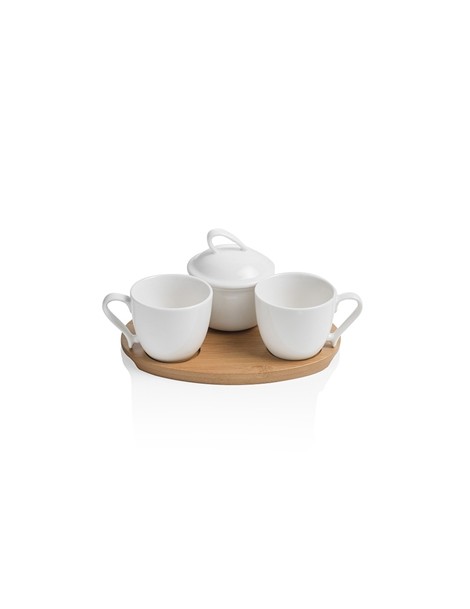 3 PC WHITE PORCELAIN COFFEE SET WITH BAMBOO TRAY - foto 3