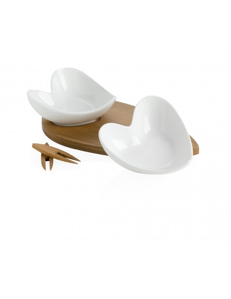 2 HEARTS WHITE PROCELAIN HORS D'OEUVRE DISHES WITH BAMBOO ST