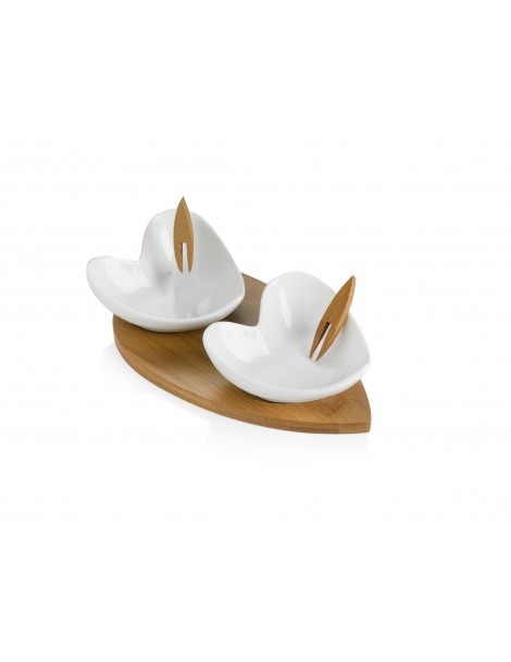 2 HEARTS WHITE PROCELAIN HORS D'OEUVRE DISHES WITH BAMBOO ST - foto 2