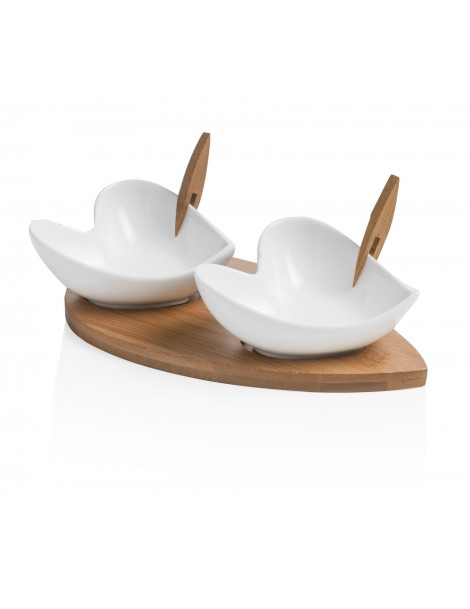 2 HEARTS WHITE PROCELAIN HORS D'OEUVRE DISHES WITH BAMBOO ST - foto 4