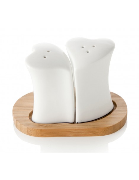HEART PORCELAIN SALT AND PEPPER SET WITH BAMBOO STAND
