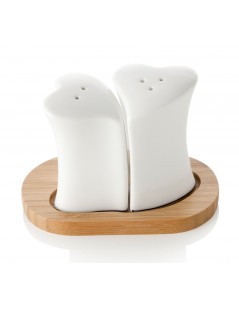 HEART PORCELAIN SALT AND PEPPER SET WITH BAMBOO STAND